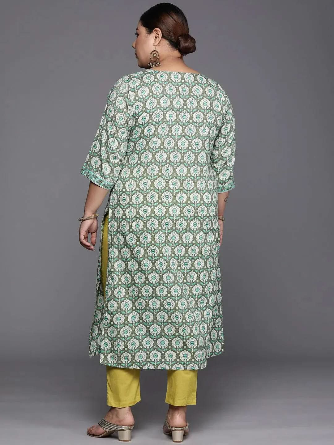 Plus Size Green Printed Cotton Straight Kurta - Libas