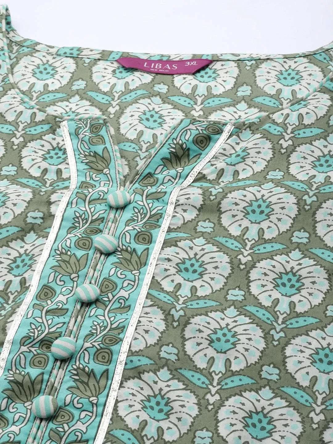 Plus Size Green Printed Cotton Straight Kurta - Libas 