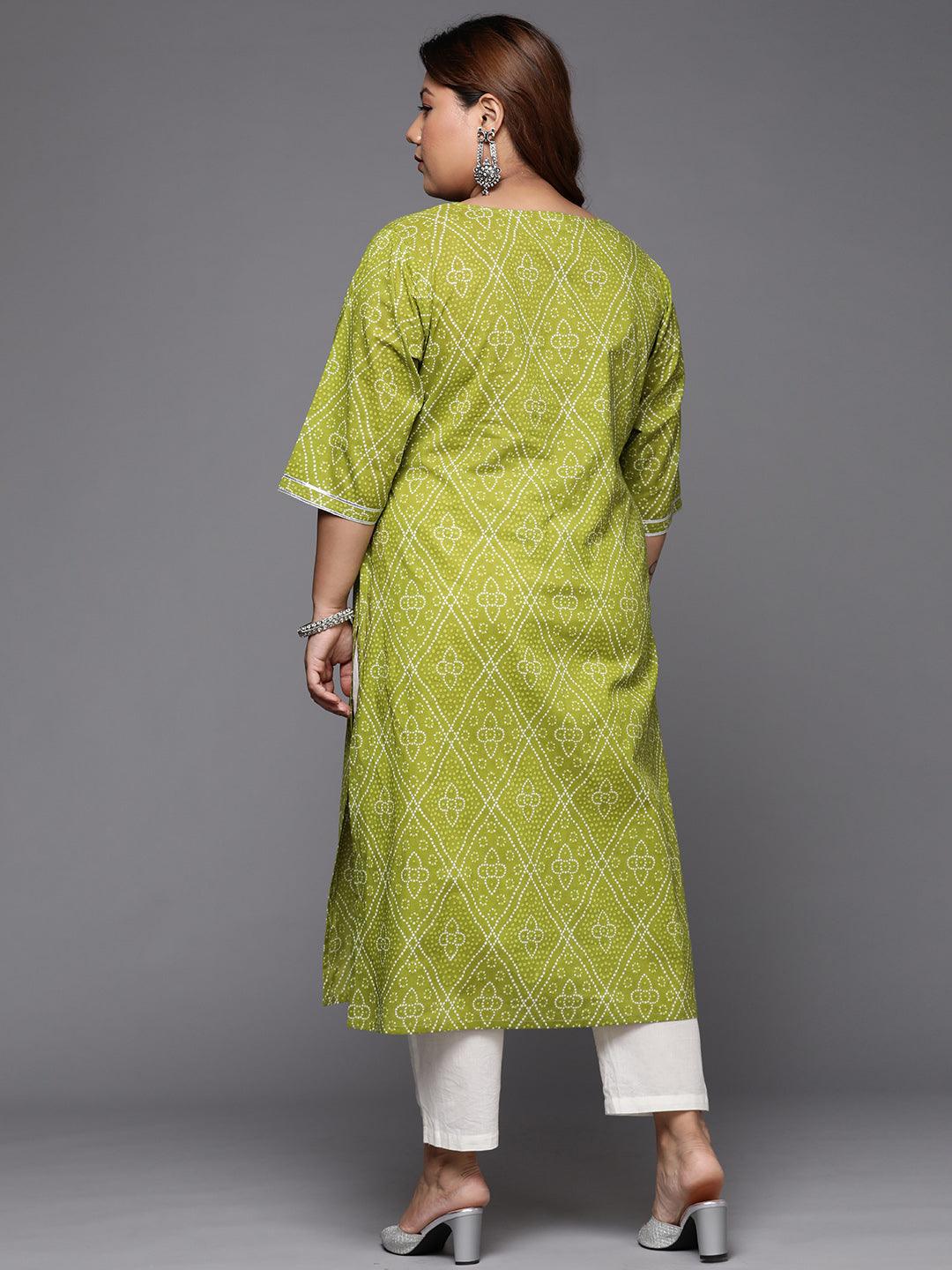 Plus Size Green Printed Cotton Straight Kurta - Libas