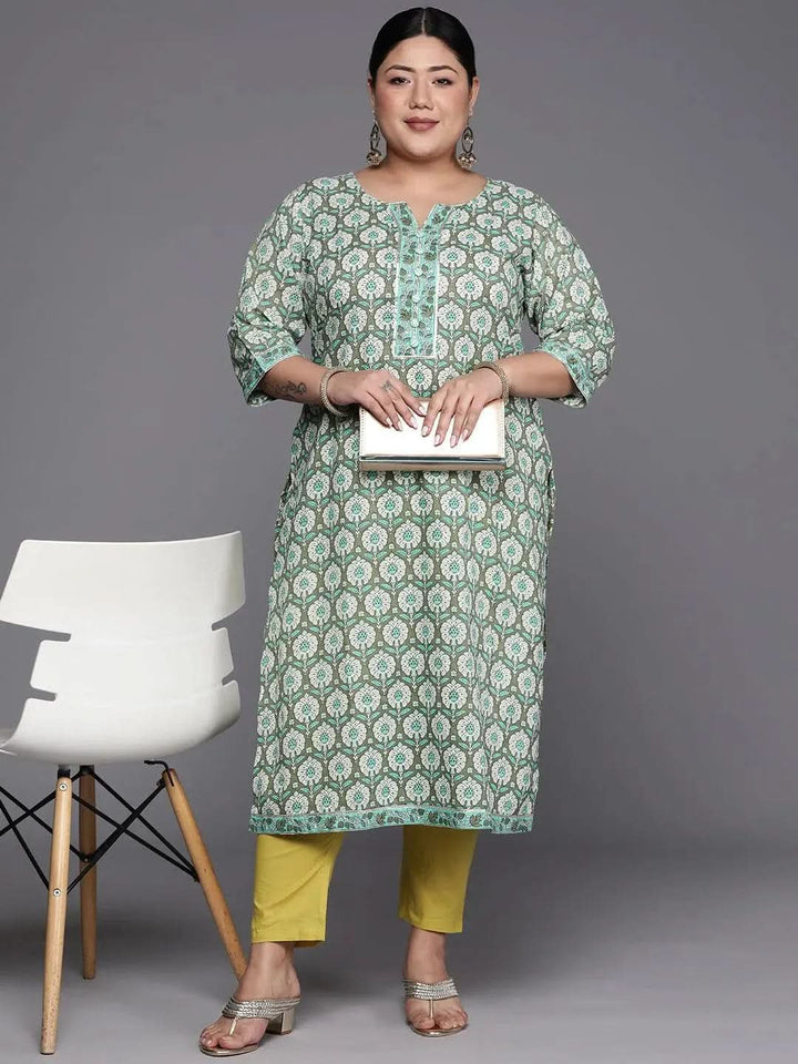 Plus Size Green Printed Cotton Straight Kurta - Libas