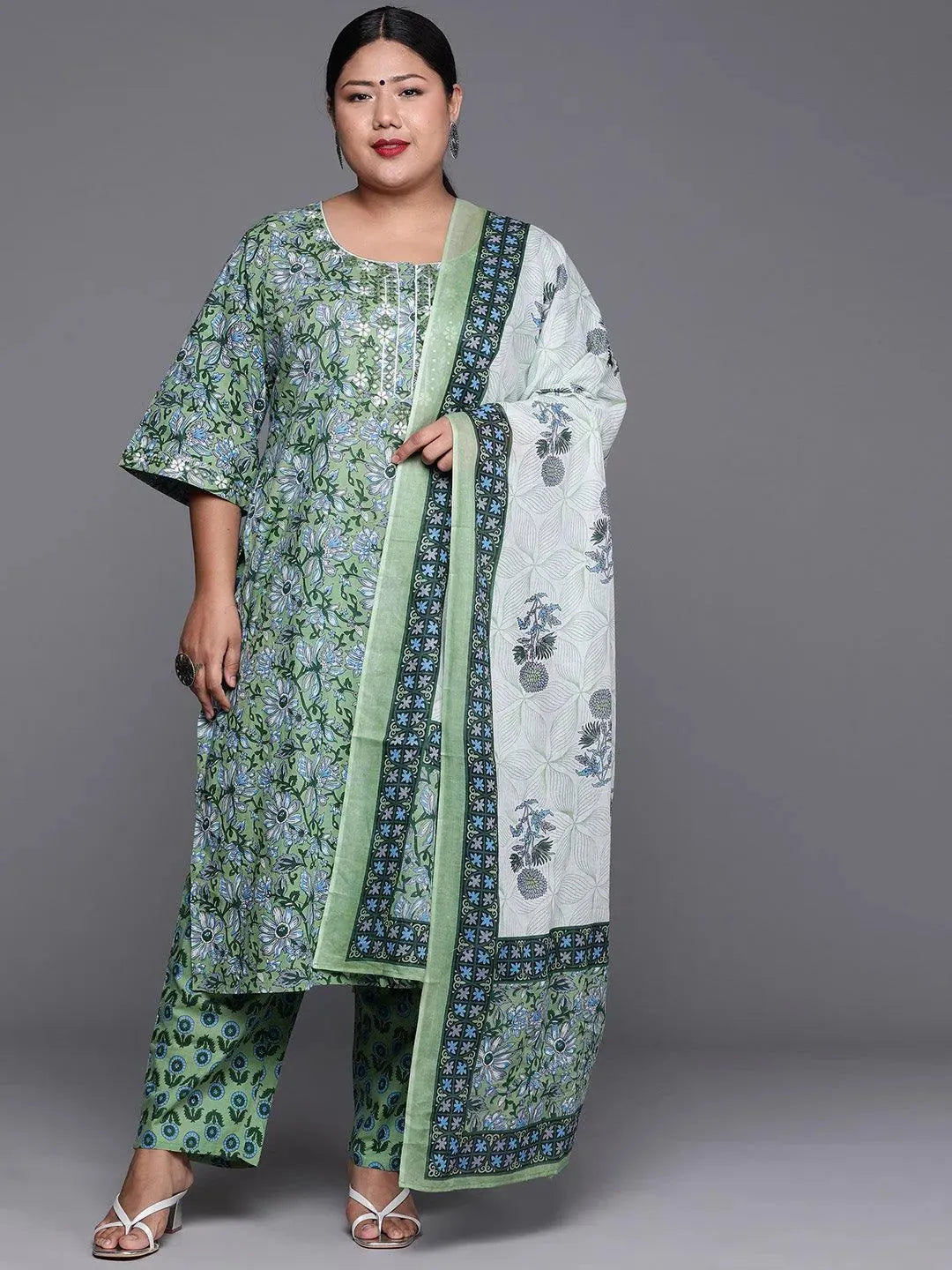 Plus Size Green Printed Cotton Suit Set - Libas