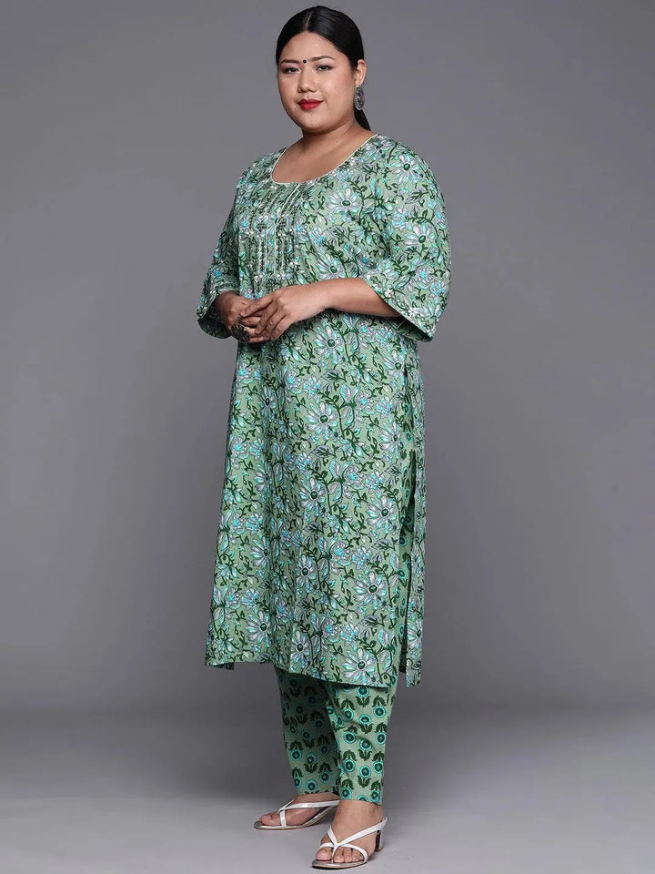 Plus Size Green Printed Cotton Suit Set - Libas