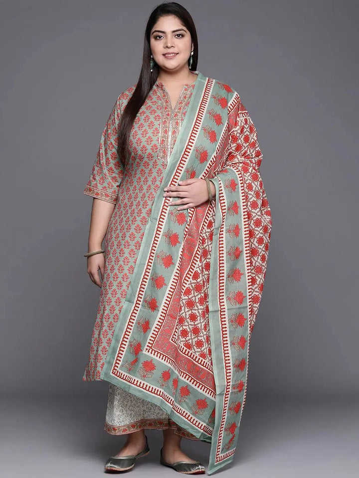 Plus Size Green Printed Cotton Suit Set - Libas