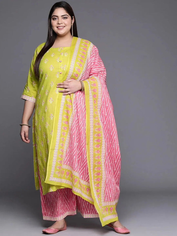 Plus Size Green Printed Cotton Suit Set - Libas