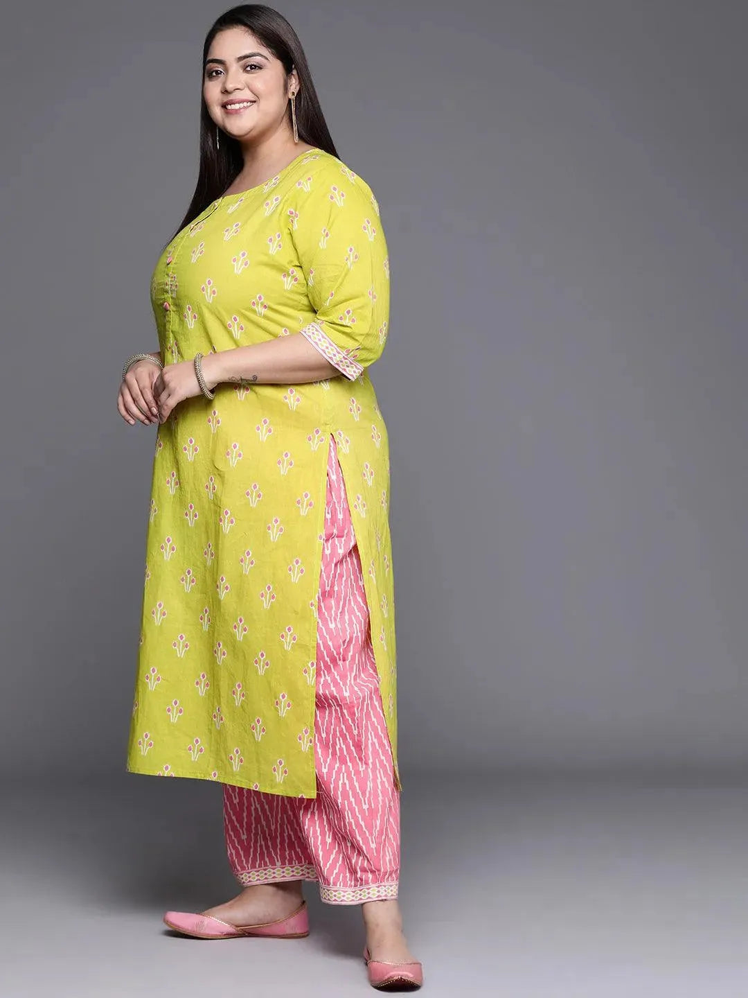 Plus Size Green Printed Cotton Suit Set - Libas