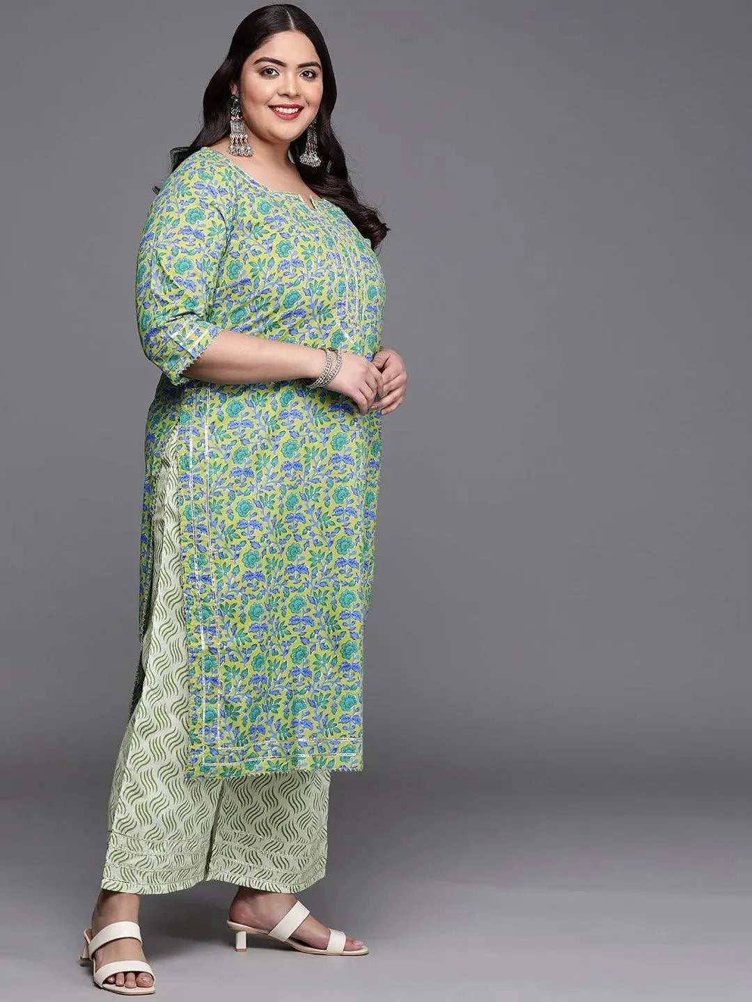 Plus Size Green Printed Cotton Suit Set - Libas 