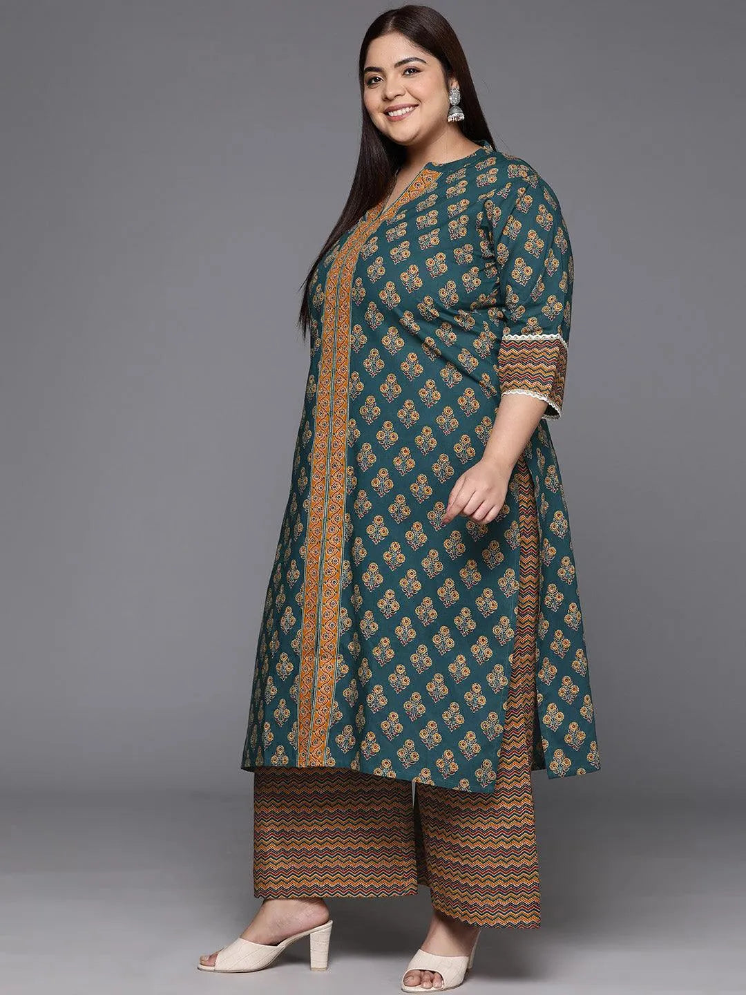 Plus Size Green Printed Cotton Straight Kurta With Palazzos & Dupatta - Libas 