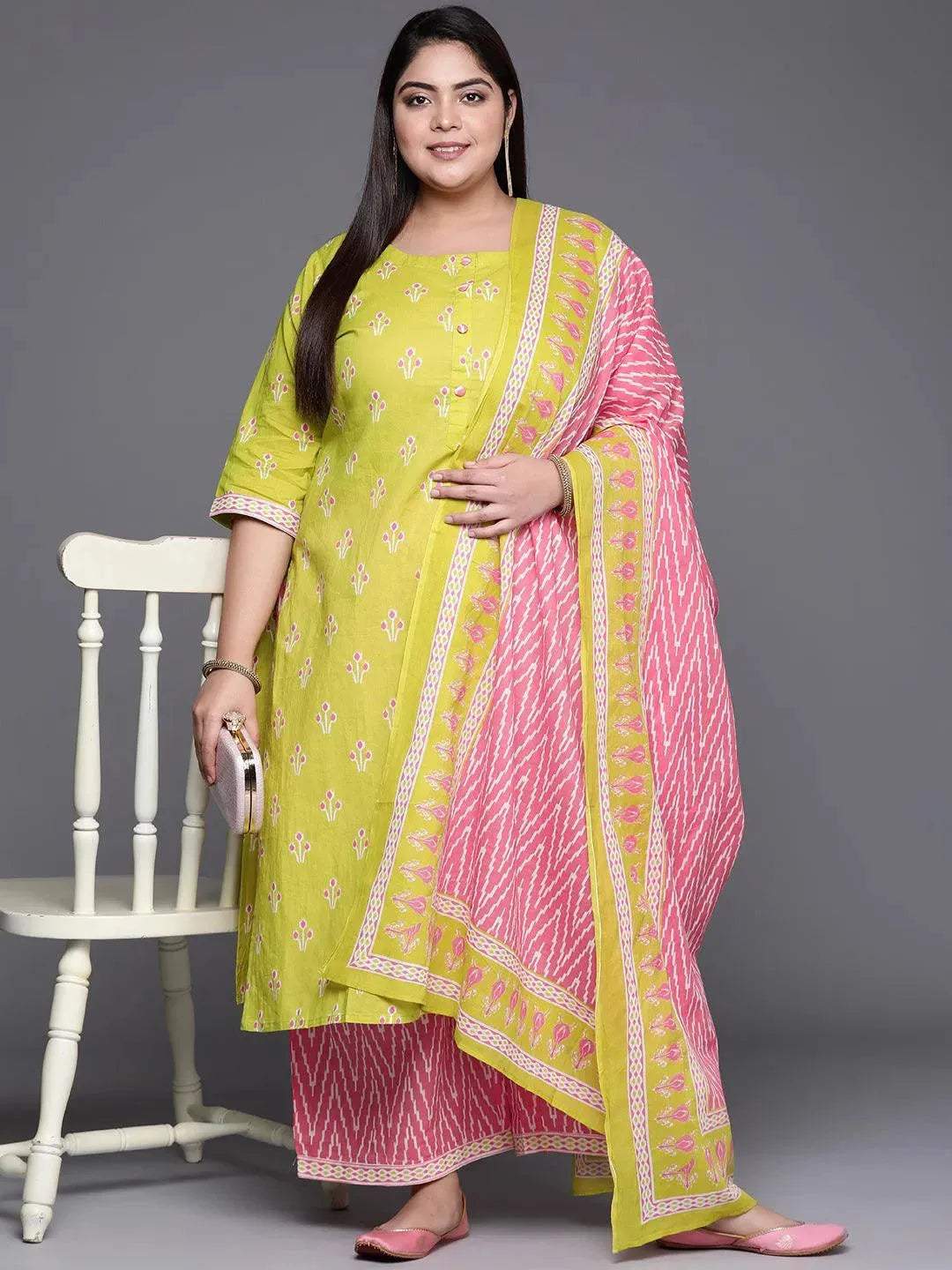 Plus Size Green Printed Cotton Suit Set - Libas