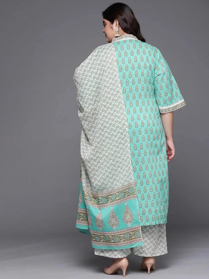 Plus Size Sea Green Printed Cotton Suit Set - Libas