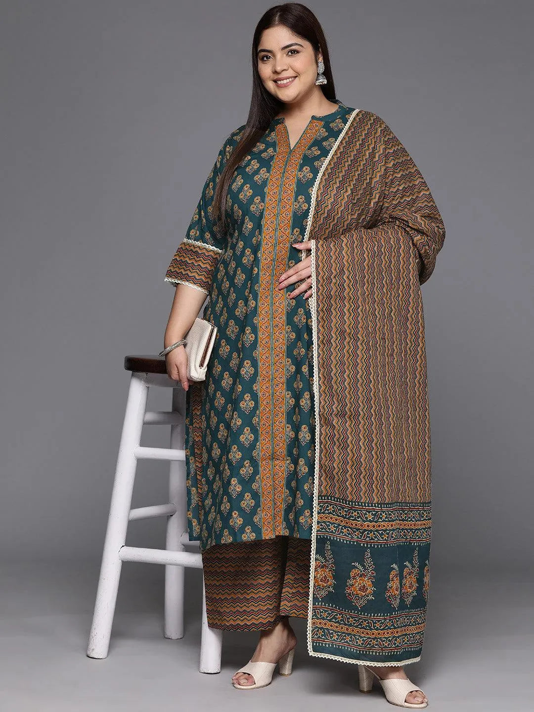 Plus Size Green Printed Cotton Straight Kurta With Palazzos & Dupatta - Libas 