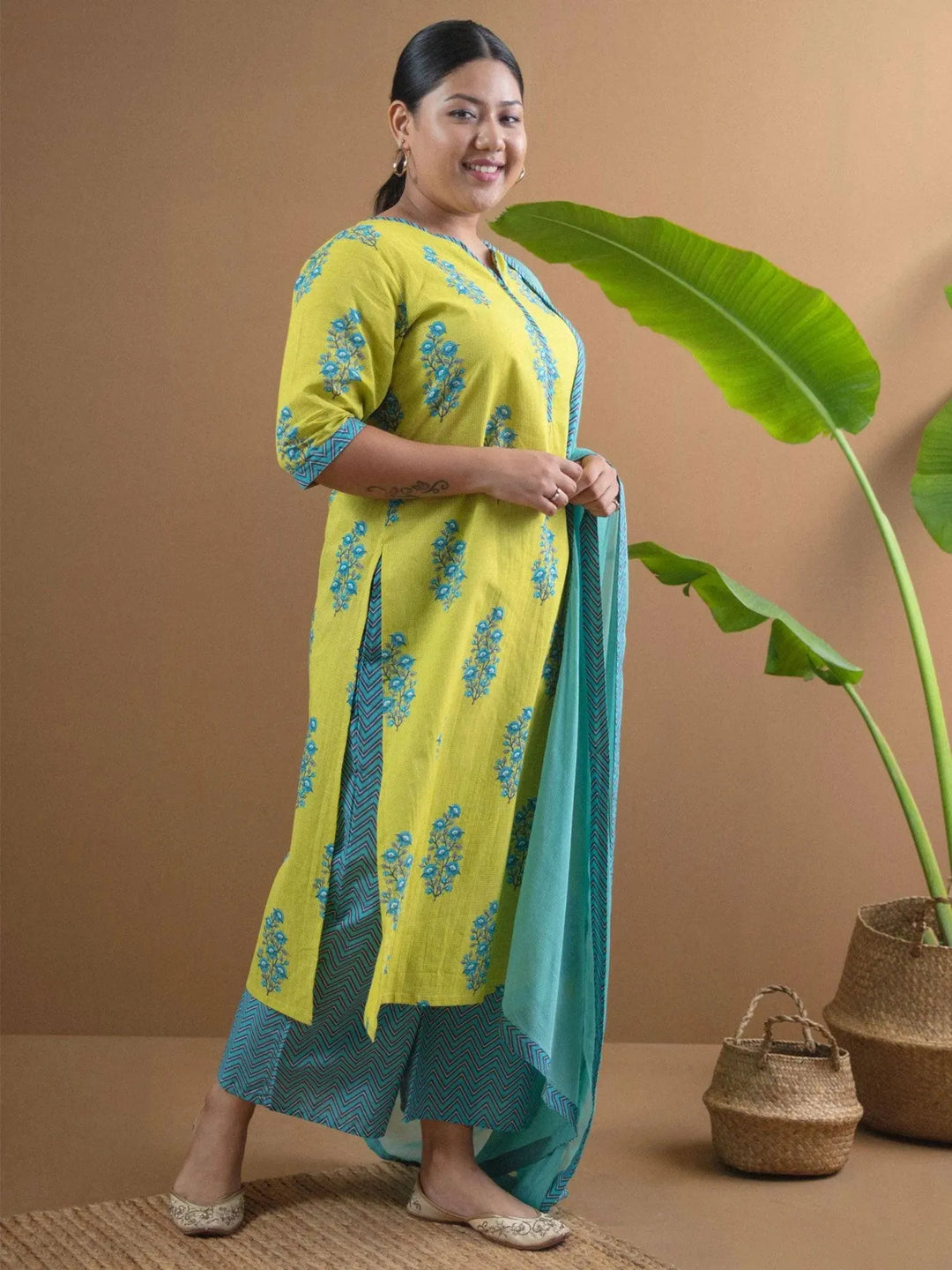 Plus Size Green Printed Cotton Suit Set - Libas 
