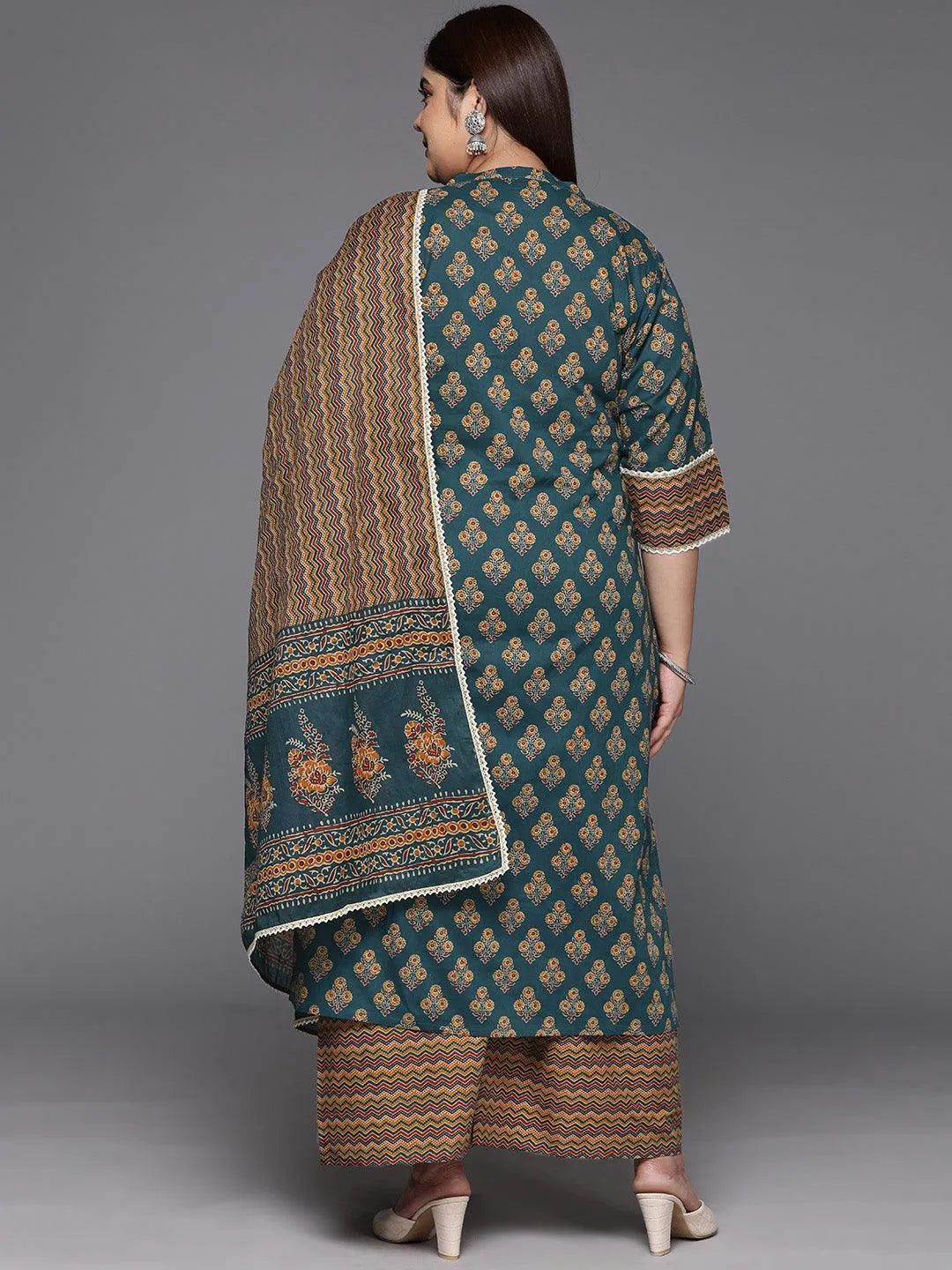 Plus Size Green Printed Cotton Straight Kurta With Palazzos & Dupatta - Libas 