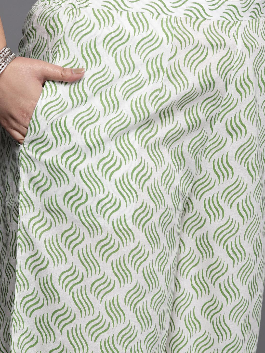 Plus Size Green Printed Cotton Straight Kurta With Palazzos & Dupatta