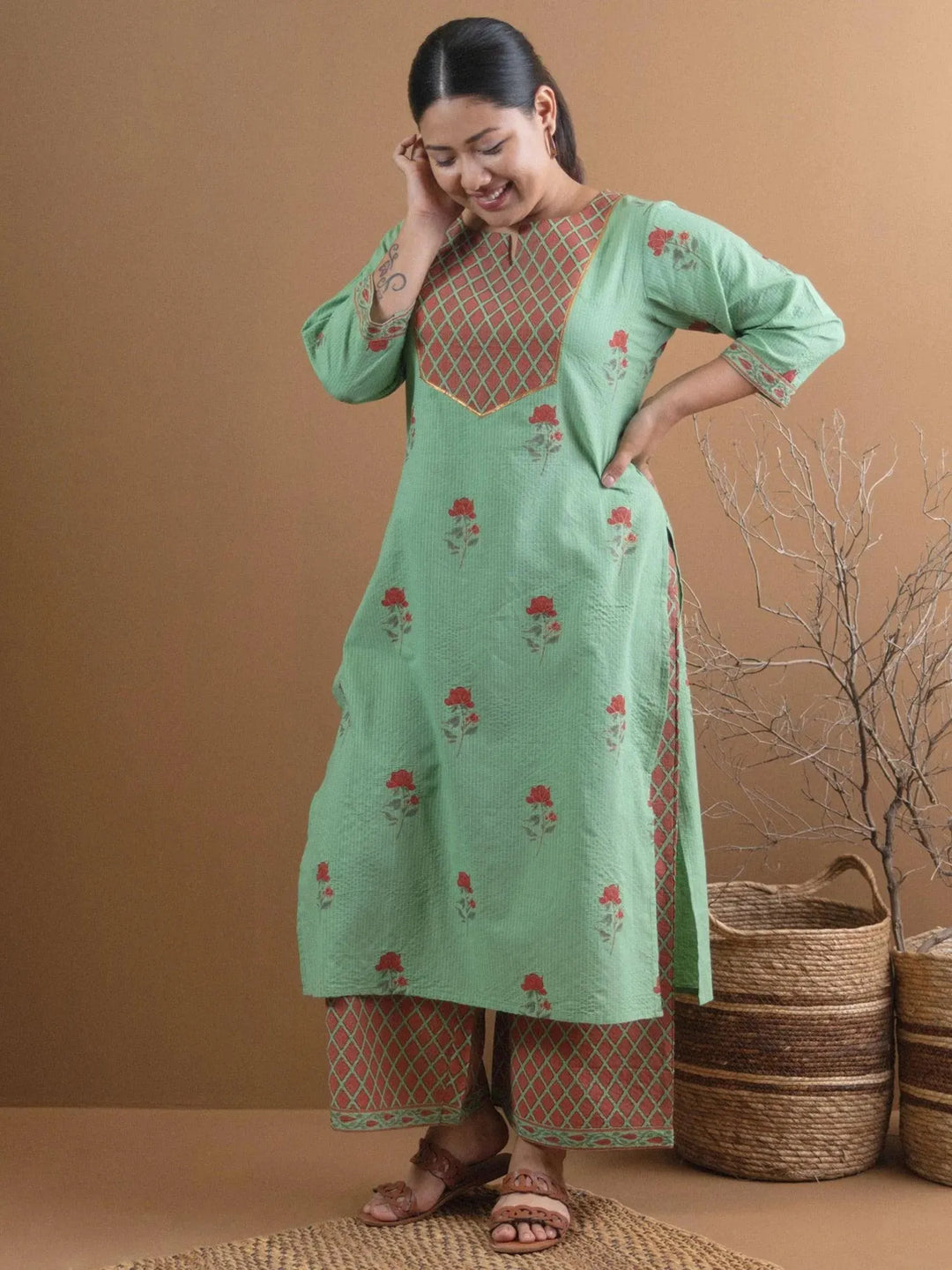 Plus Size Green Printed Cotton Kurta Set - Libas