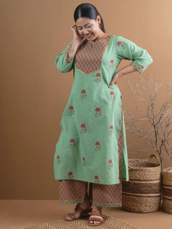 Plus Size Green Printed Cotton Kurta Set - Libas