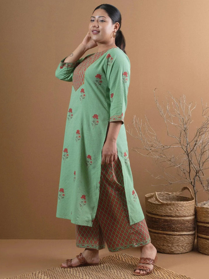 Plus Size Green Printed Cotton Kurta Set - Libas
