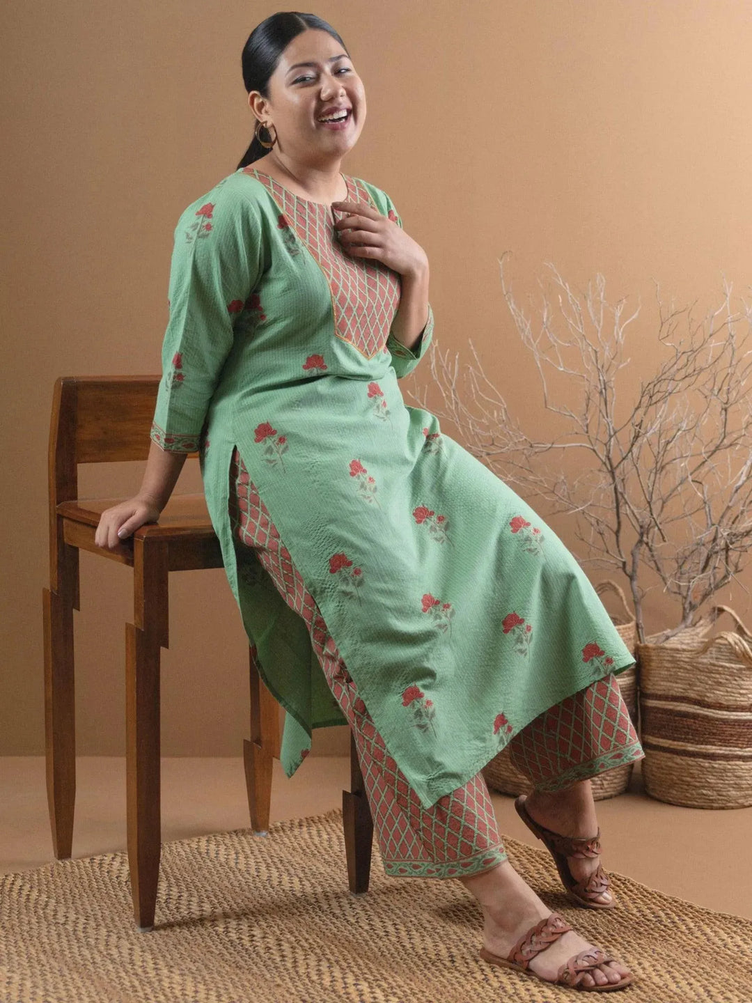 Plus Size Green Printed Cotton Kurta Set - Libas 