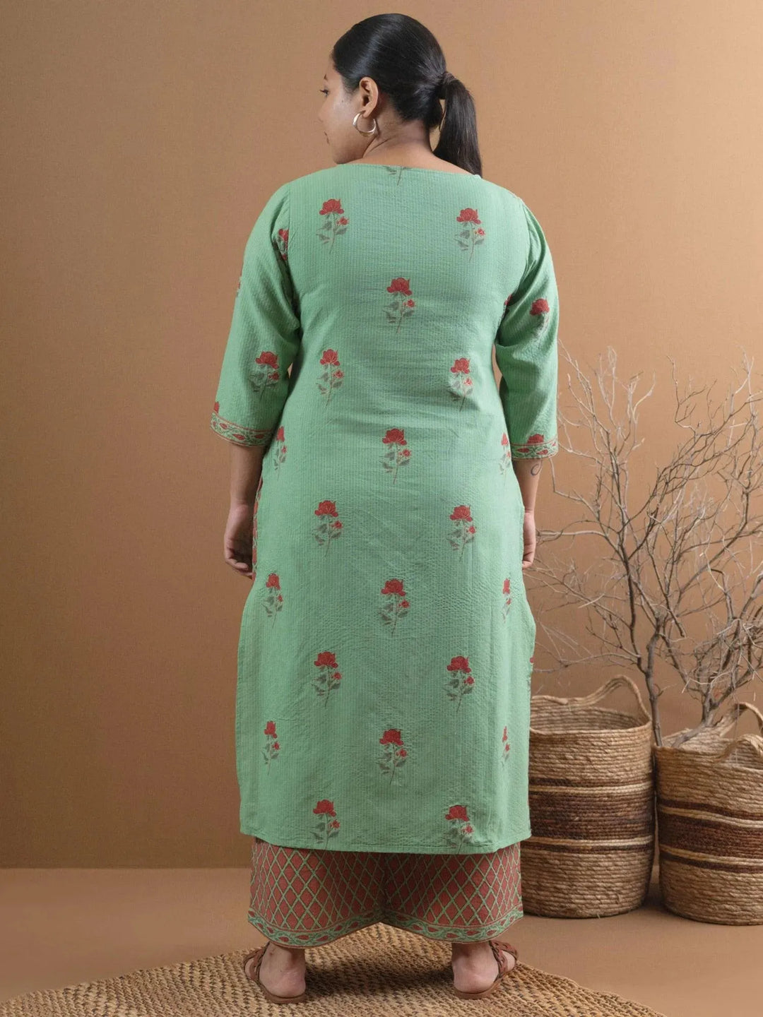 Plus Size Green Printed Cotton Kurta Set - Libas 