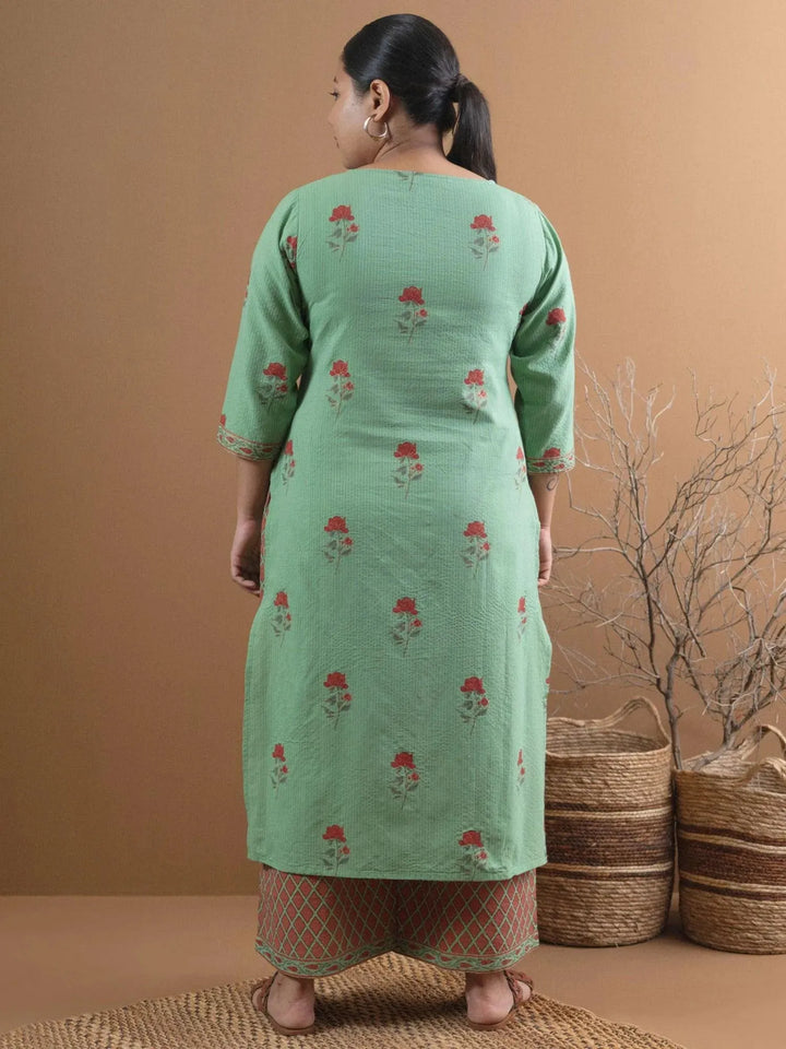 Plus Size Green Printed Cotton Kurta Set - Libas
