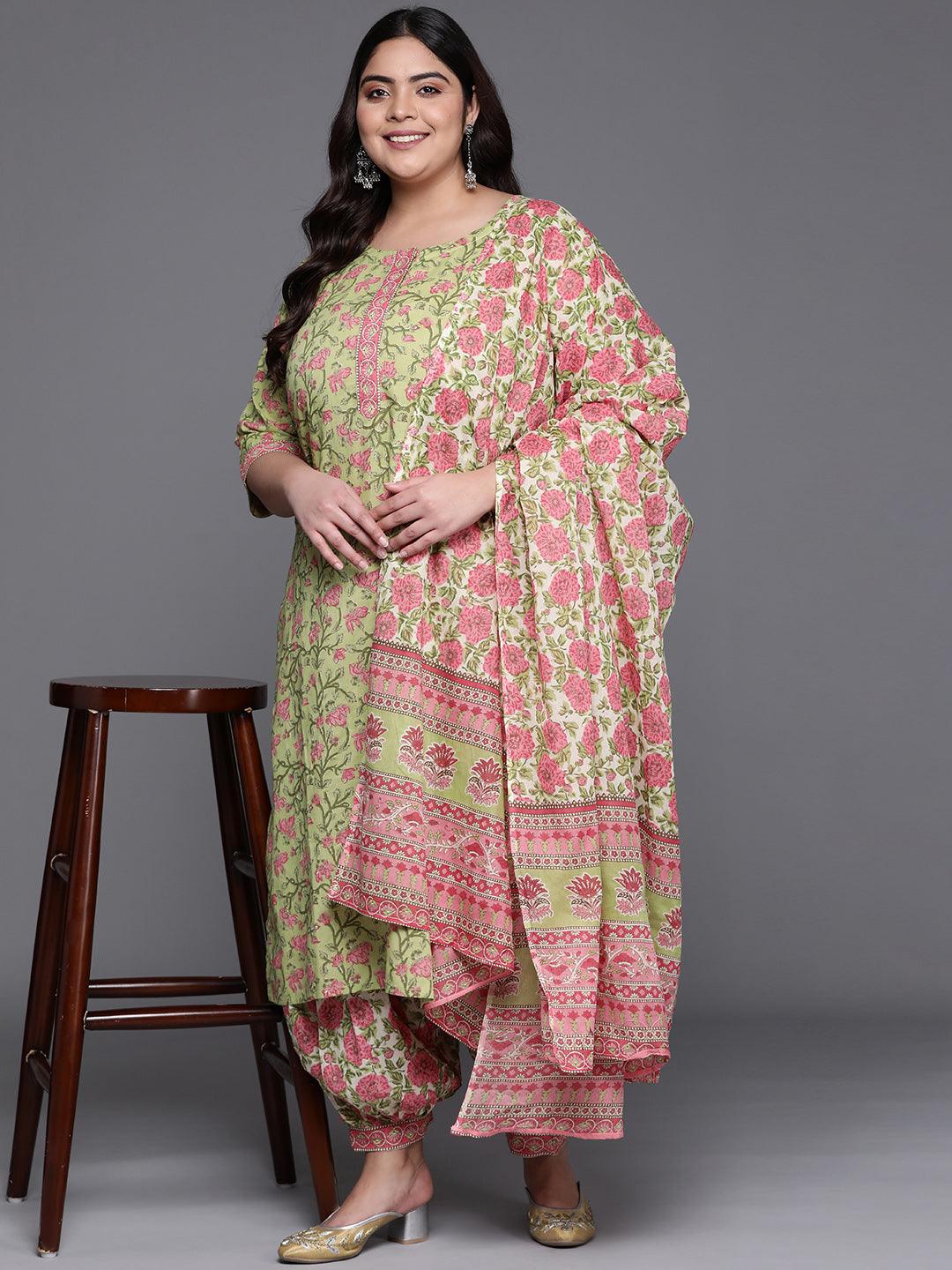 Plus Size Green Printed Cotton Straight Kurta With Salwar & Dupatta