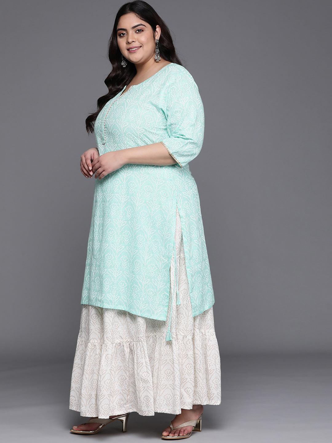 Plus Size Green Printed Cotton Straight Kurta With Skirt & Dupatta