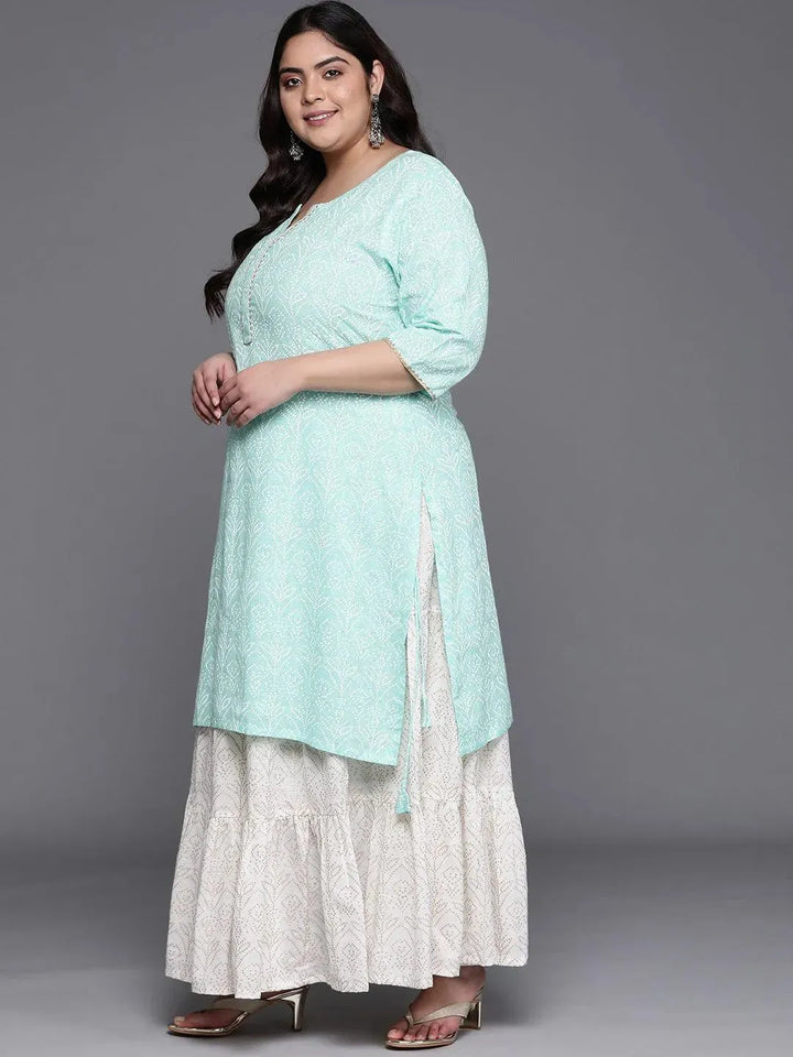 Plus Size Sea Green Printed Cotton Suit Set - Libas