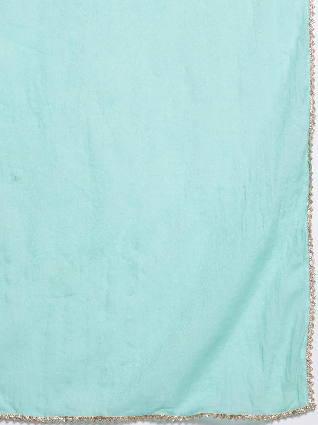Plus Size Green Printed Cotton Straight Kurta With Skirt & Dupatta