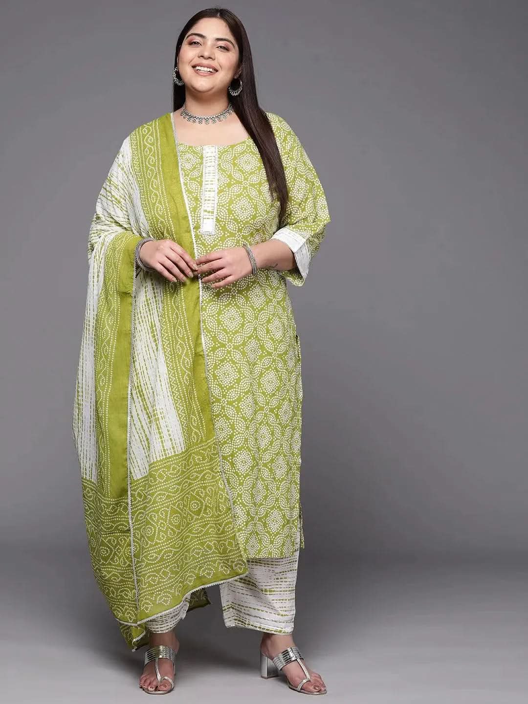 libas Plus Size Green Printed Cotton Straight Kurta With Trousers & Dupatta-picture-60