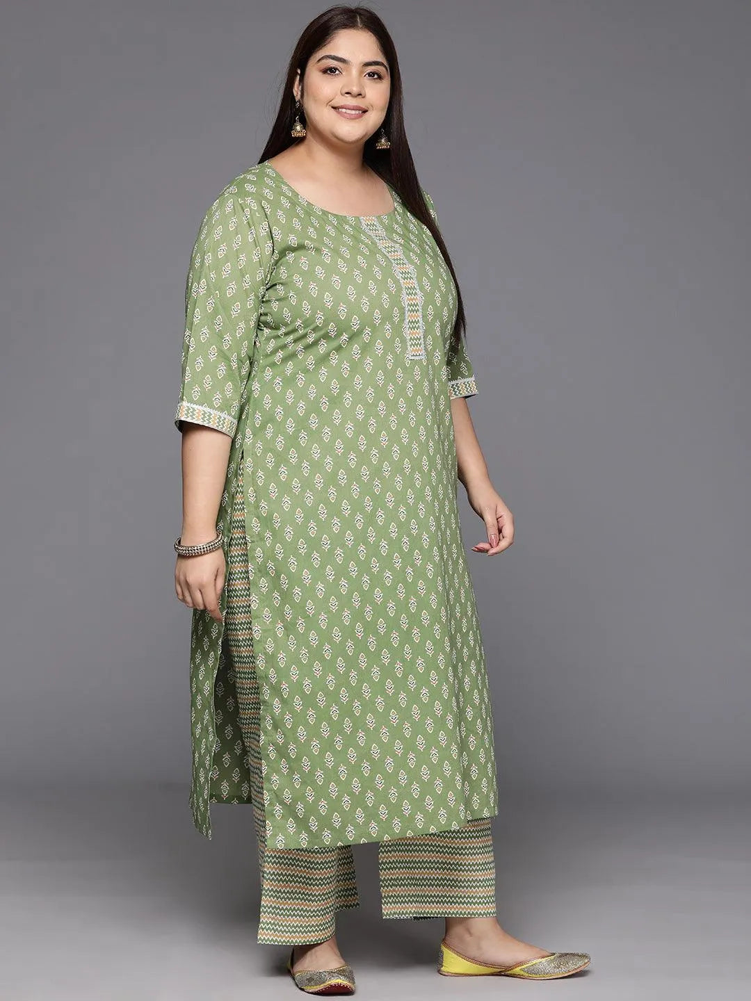 Plus Size Green Printed Cotton Straight Kurta With Trousers & Dupatta - Libas 
