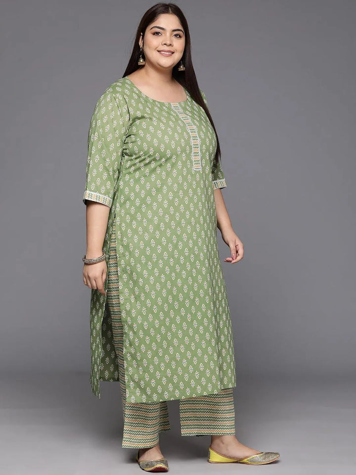 Plus Size Green Printed Cotton Straight Kurta With Trousers & Dupatta - Libas
