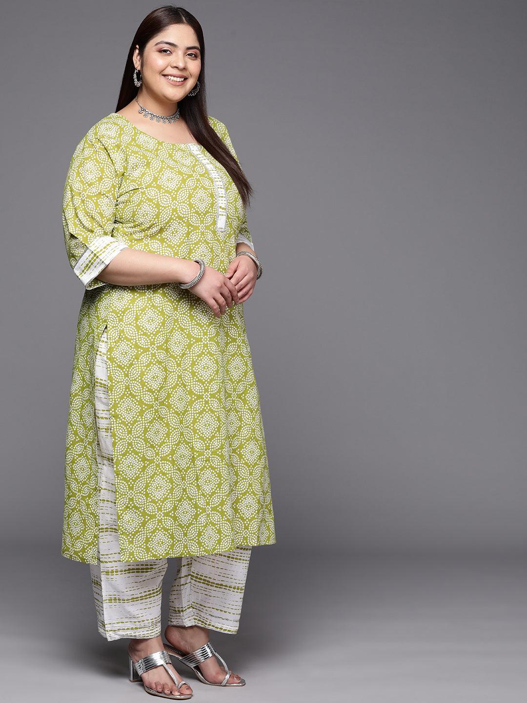 Plus Size Green Printed Cotton Straight Kurta With Trousers & Dupatta