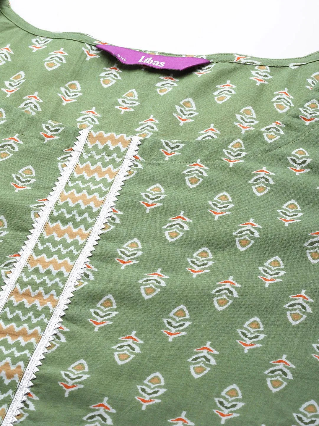 Plus Size Green Printed Cotton Straight Kurta With Trousers & Dupatta - Libas 
