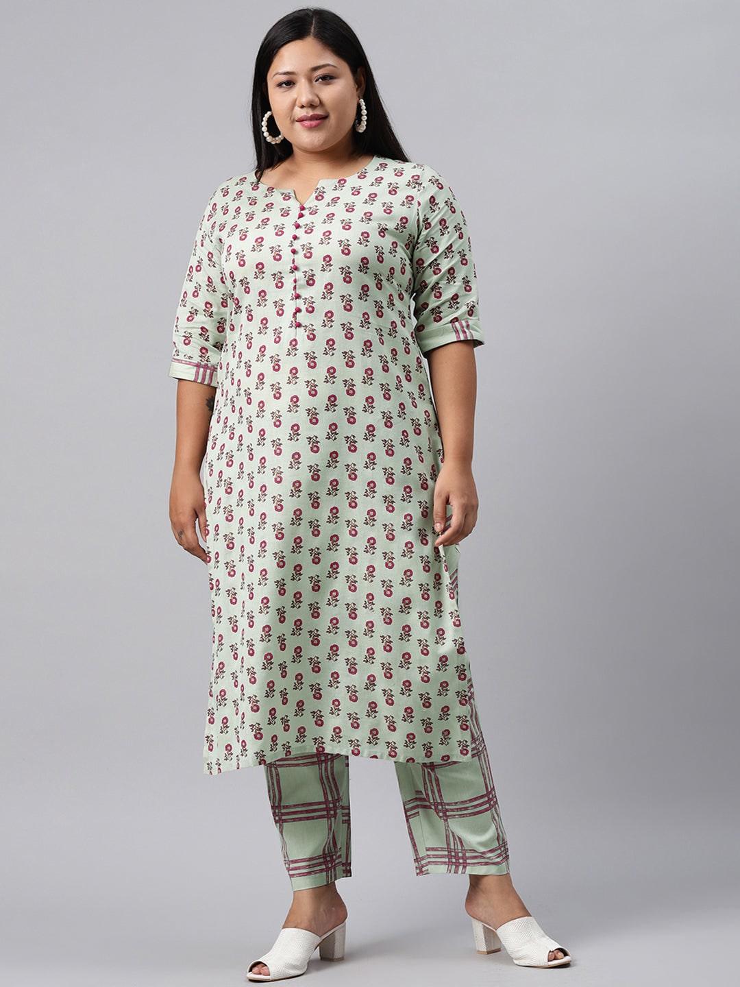 Plus Size Green Printed Cotton Straight Kurta With Trousers