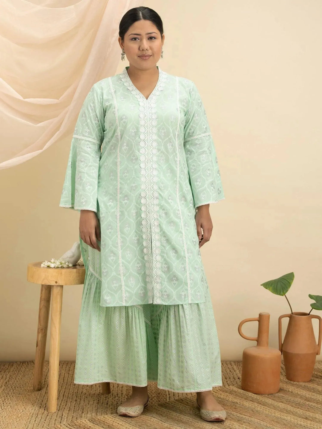 Plus Size Green Printed Cotton Kurta Set - Libas