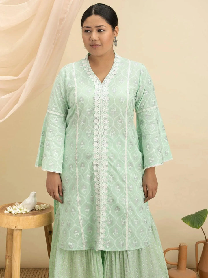 Plus Size Green Printed Cotton Kurta Set - Libas