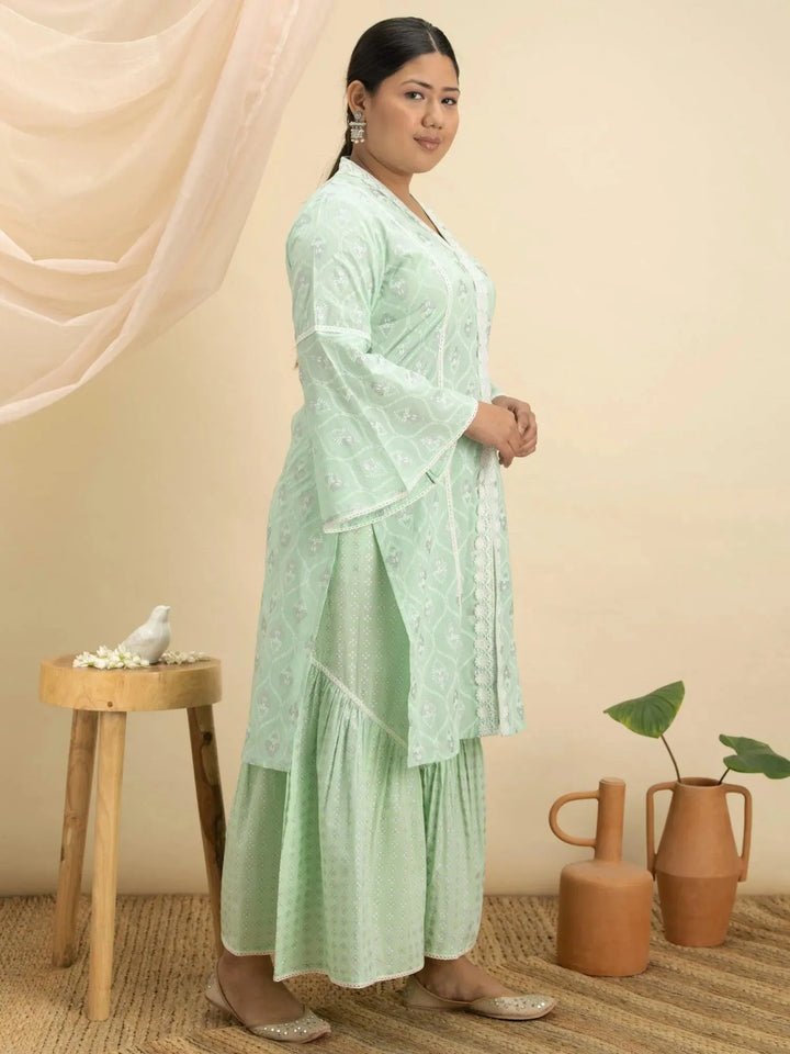 Plus Size Green Printed Cotton Kurta Set - Libas