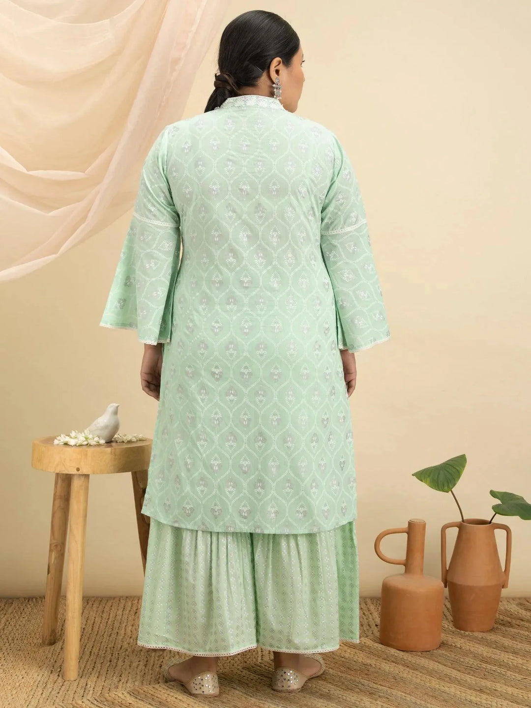 Plus Size Green Printed Cotton Kurta Set - Libas 