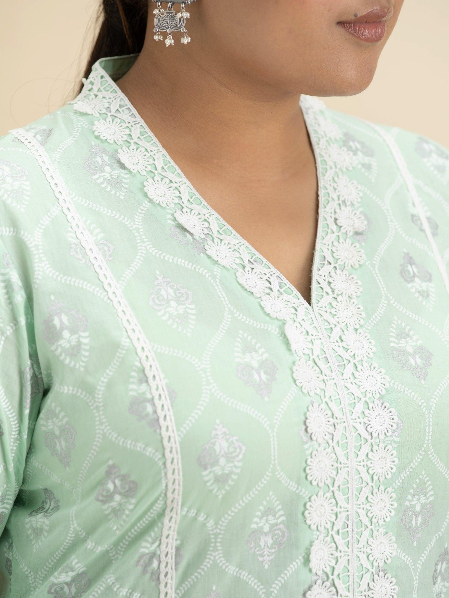 Plus Size Green Printed Cotton Straight Sharara Suit Set