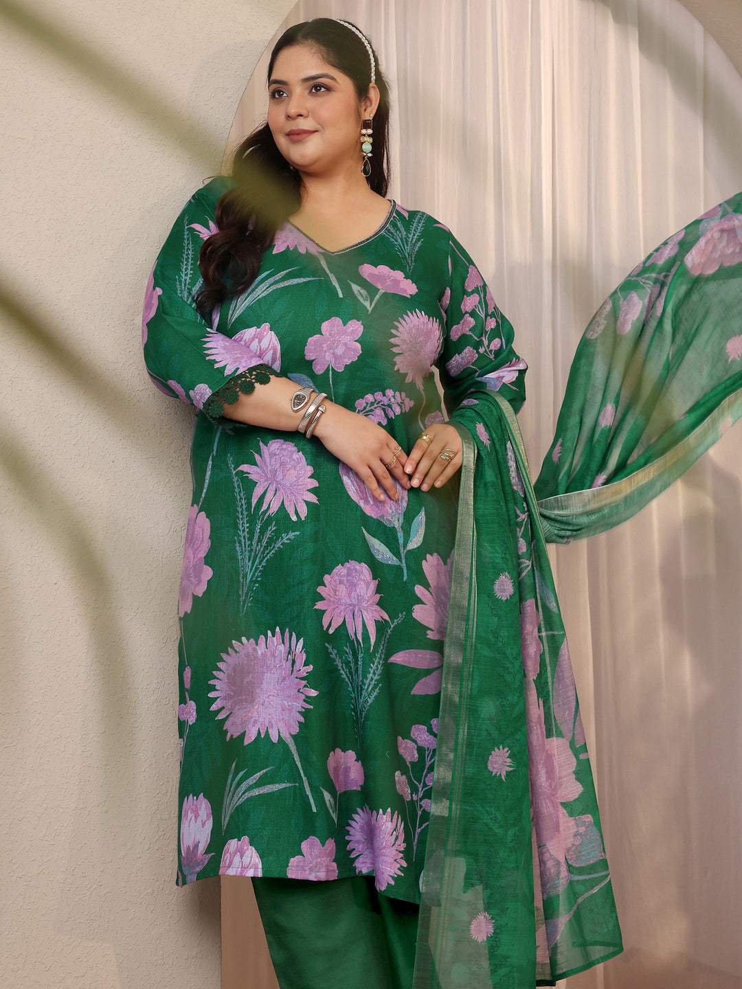 Plus Size Green Printed Linen Straight Suit Set With Dupatta