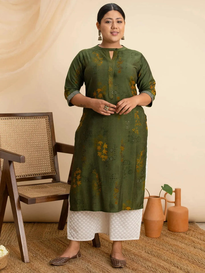 Plus Size Green Printed Rayon Kurta - Libas