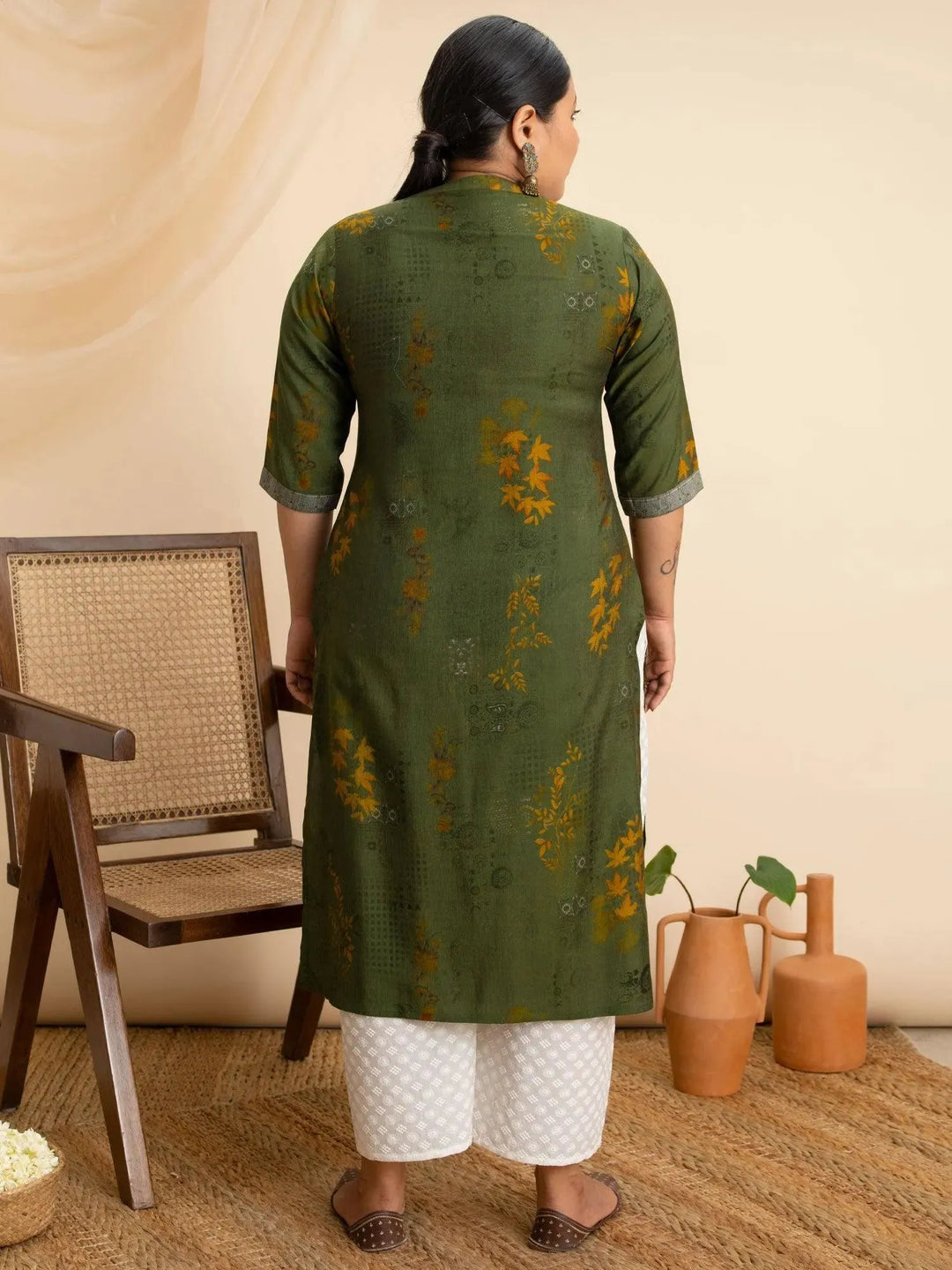 Plus Size Green Printed Rayon Kurta - Libas 