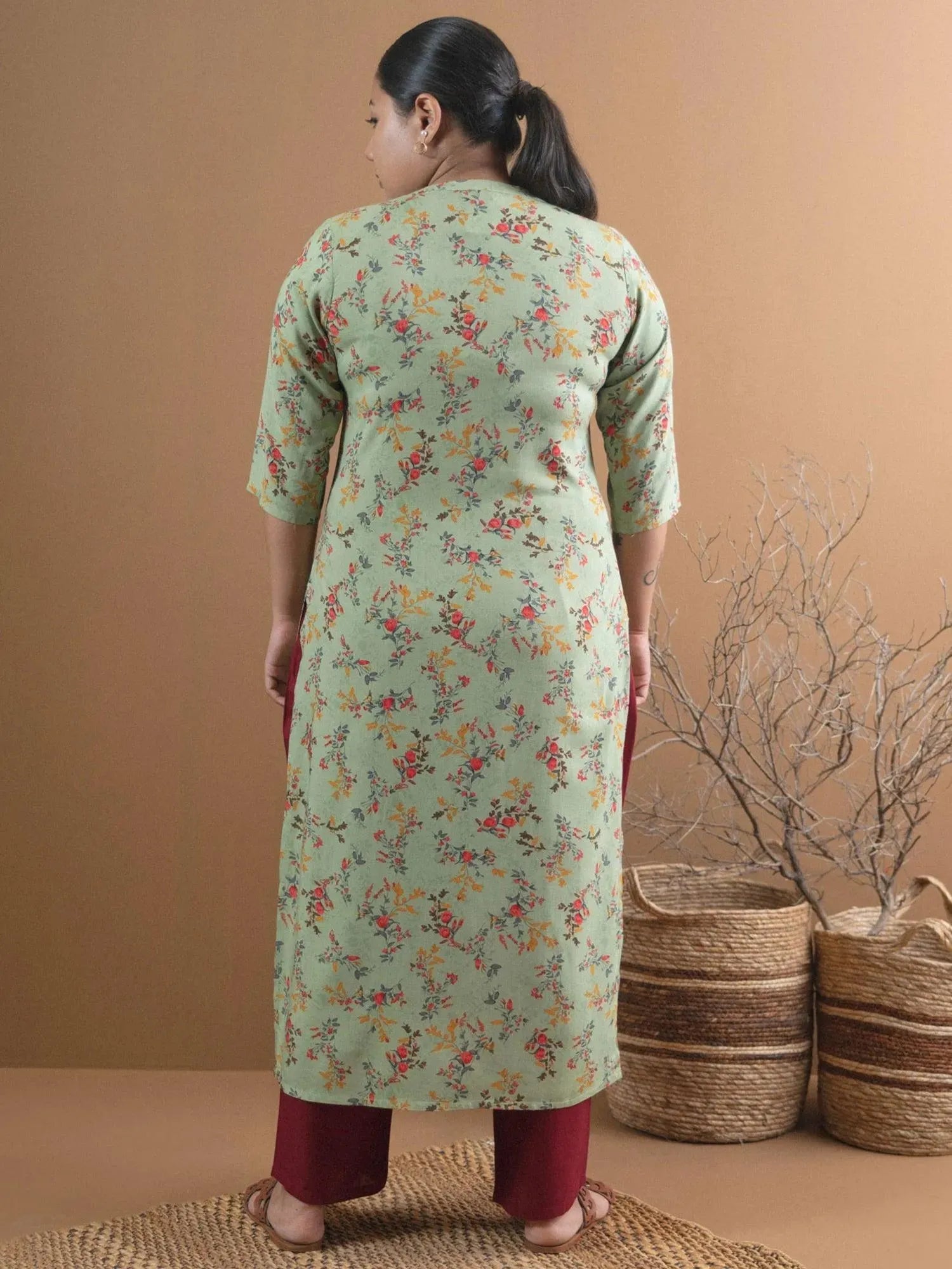 

Plus Size Green Printed Rayon Straight Kurta