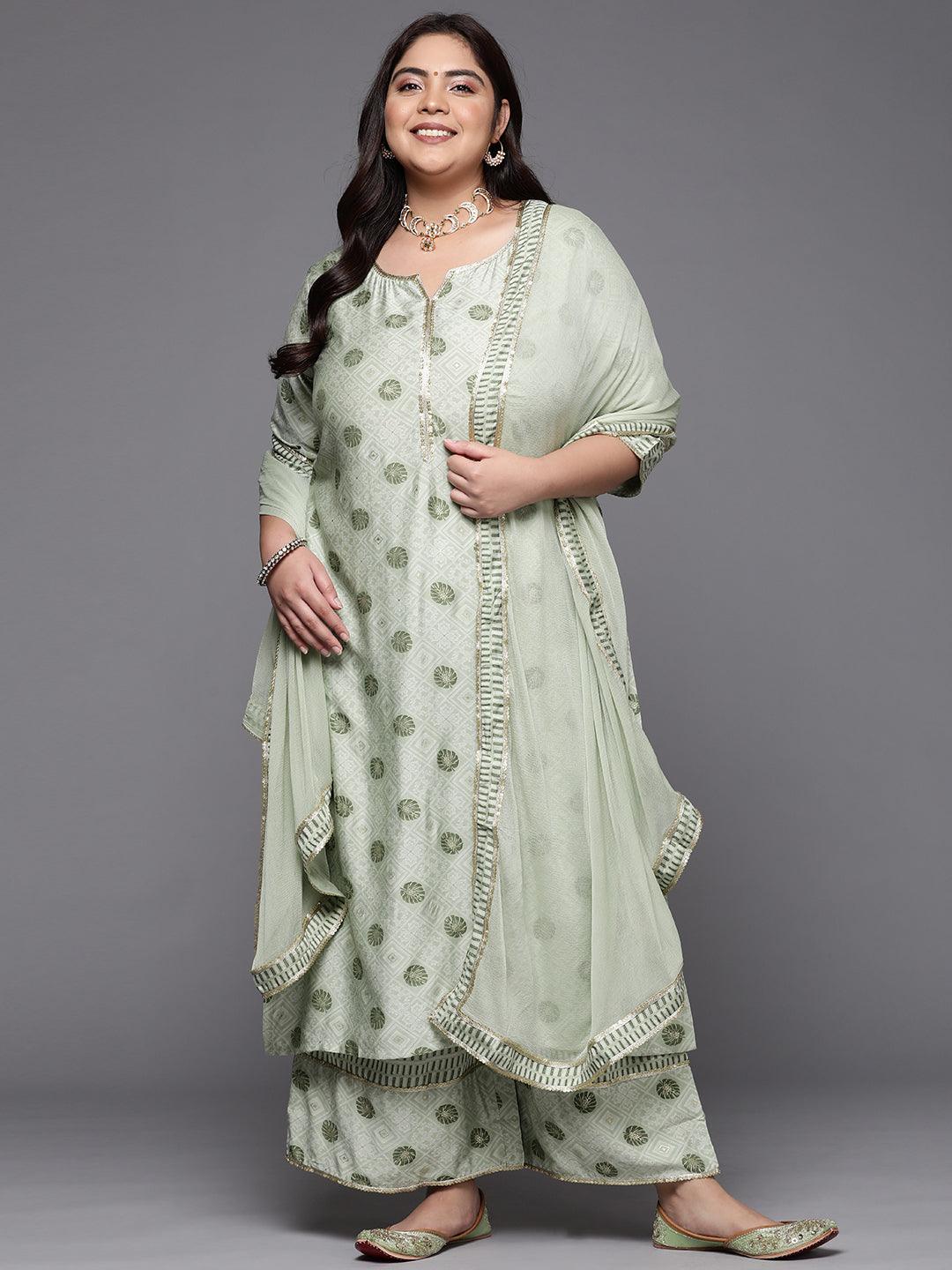 Plus Size Green Printed Silk Blend Straight Kurta With Dupatta