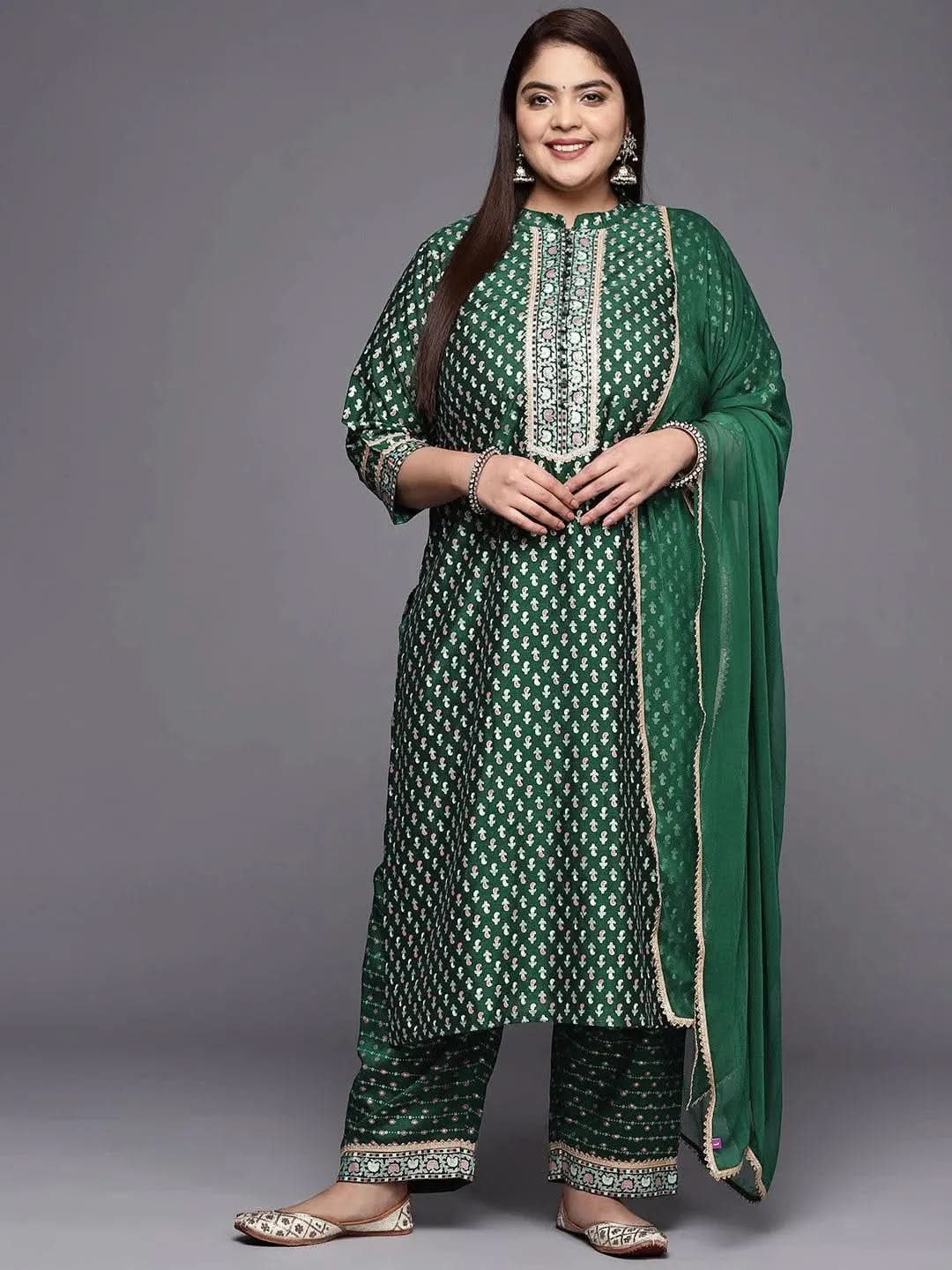 Plus Size Green Printed Silk Blend Straight Suit Set - Libas 