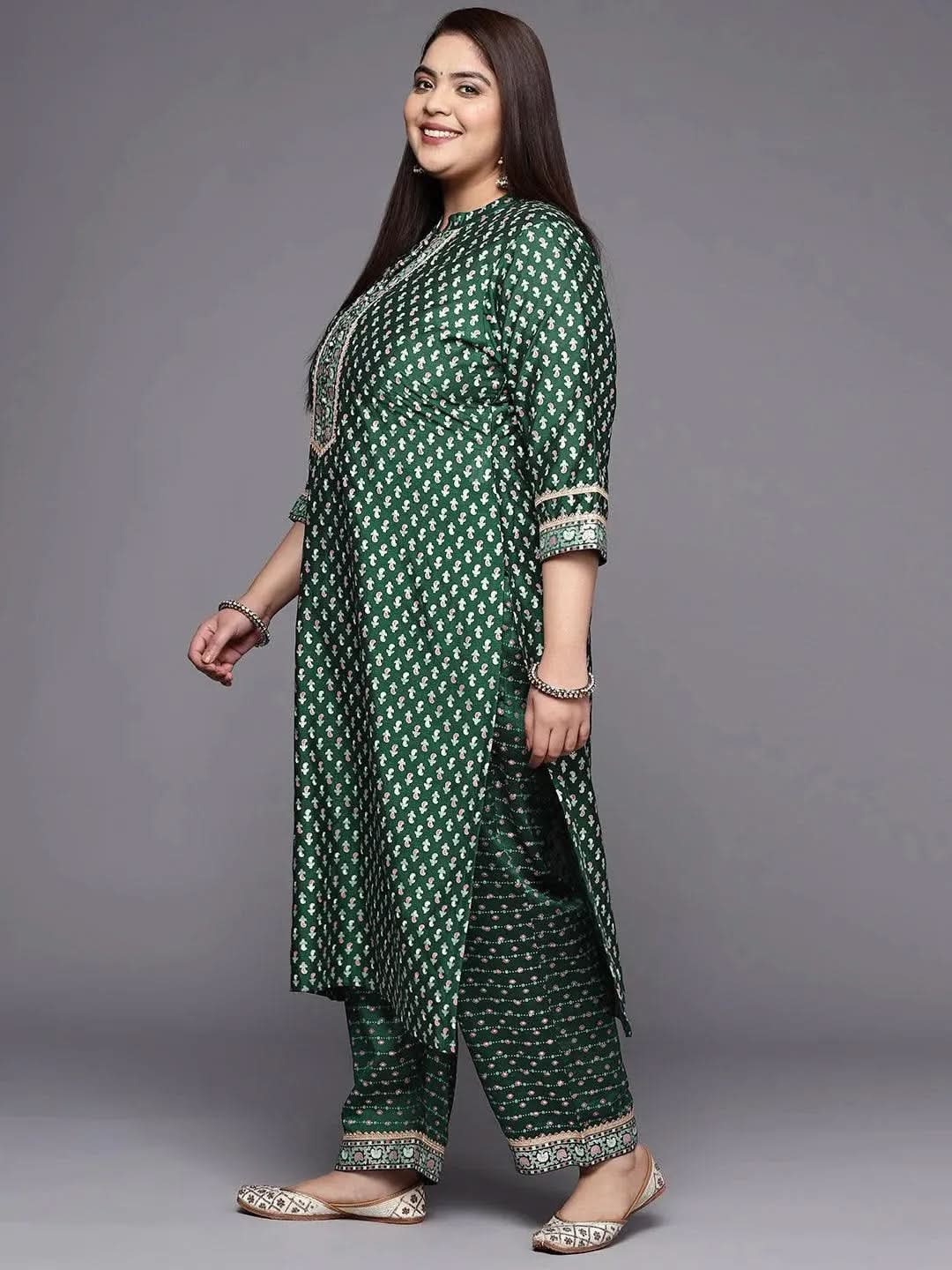 Plus Size Green Printed Silk Blend Straight Suit Set - Libas 