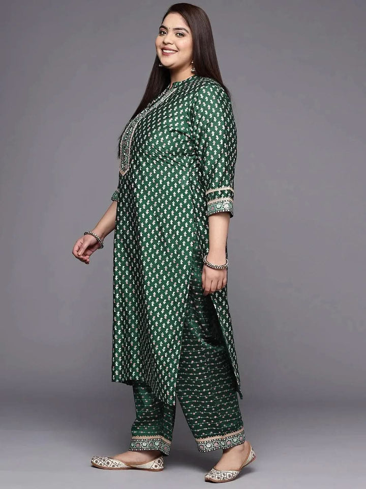 Plus Size Green Printed Silk Blend Straight Suit Set - Libas