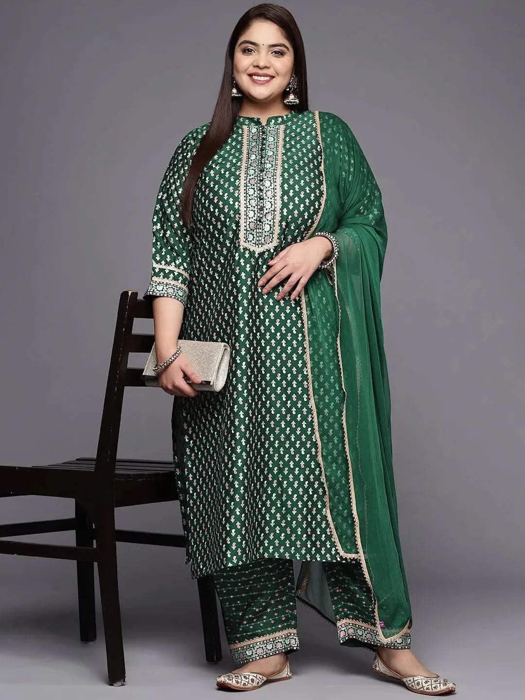 Plus Size Green Printed Silk Blend Straight Suit Set - Libas 