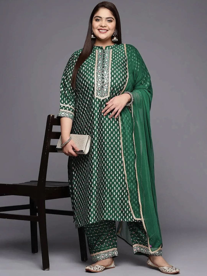 Plus Size Green Printed Silk Blend Straight Suit Set - Libas