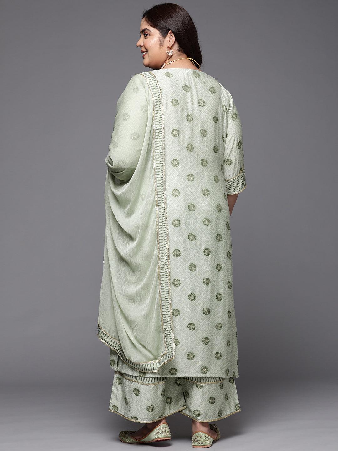 Plus Size Green Printed Silk Blend Straight Suit Set - Libas
