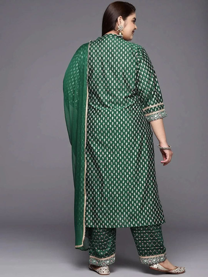 Plus Size Green Printed Silk Blend Straight Suit Set - Libas